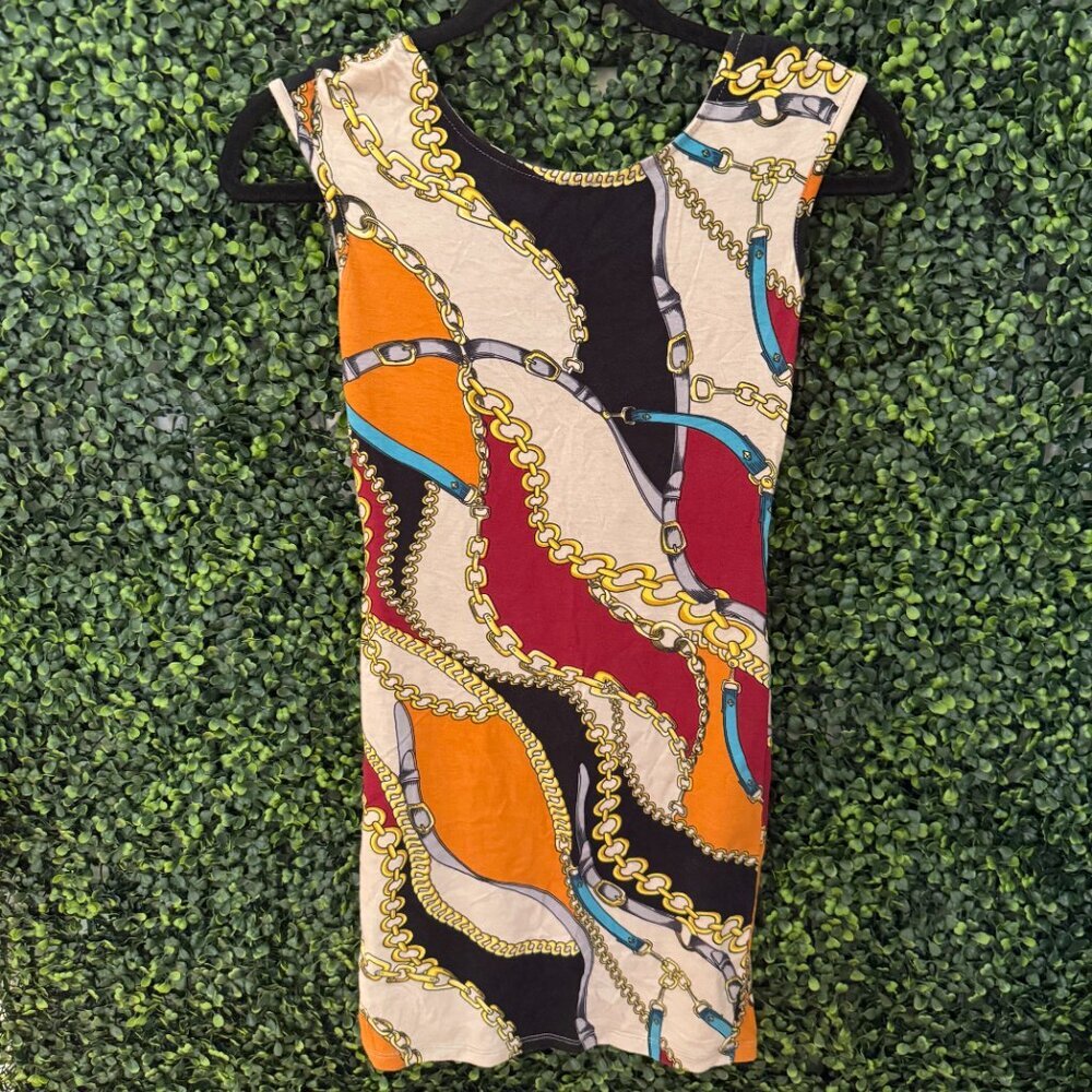 Multicolor Chain Print Bodycon Dress Sleeveless Fitted Mini Dress Size S